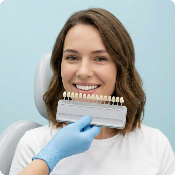 Patient holding up a dental shade guide guide to her teeth